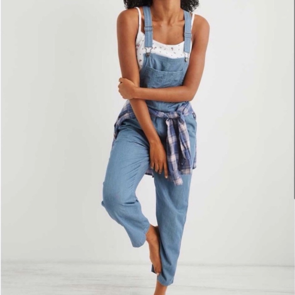 Aerie Striped Railroad Chambray Denim Overalls Size Medium